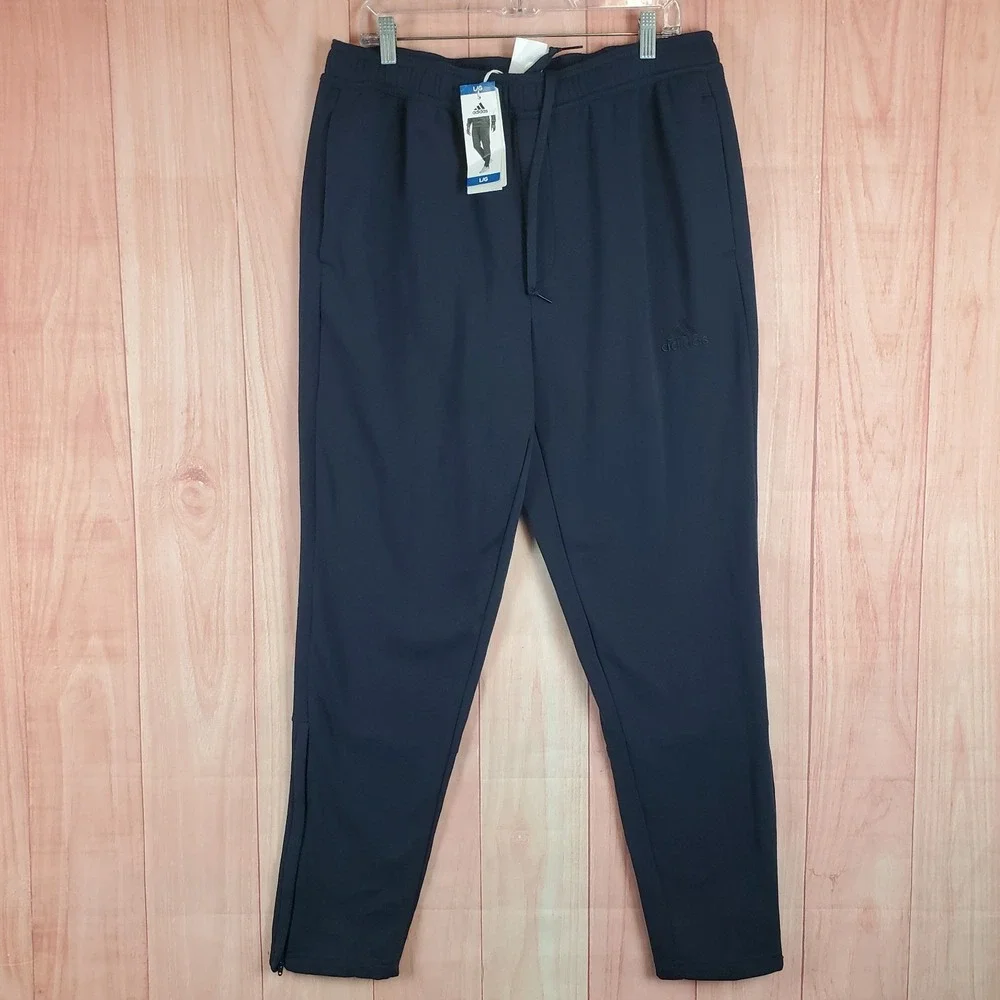 Adidas Mens Taper Pants Large Navy 100% Polyester Drawstring Pockets Sweatpants